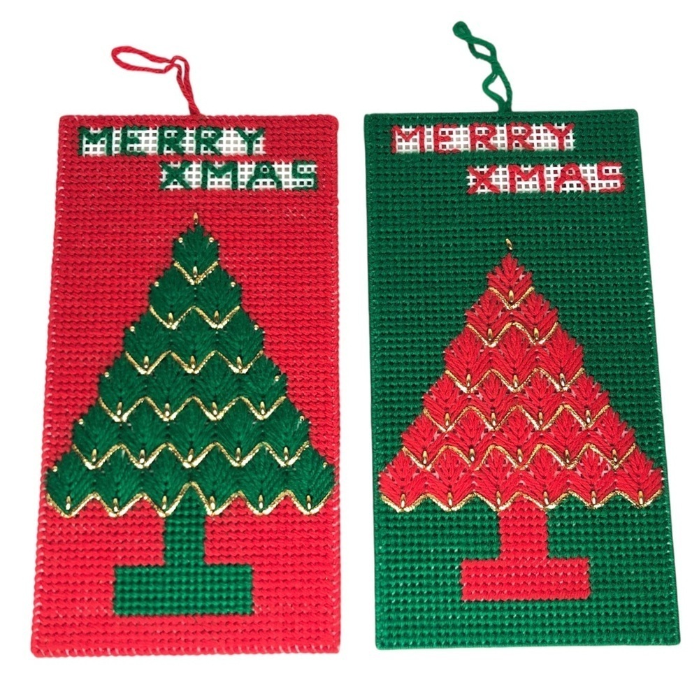 VINTAGE 70s Lot of 2 Needlepoint Plastic Canvas Merry Xmas Wall Hangings